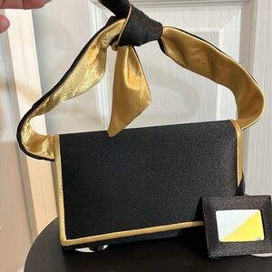 LIKE NEW Black and Gold Satin Structured Mini Bag w/ attached mirror, by SASHA